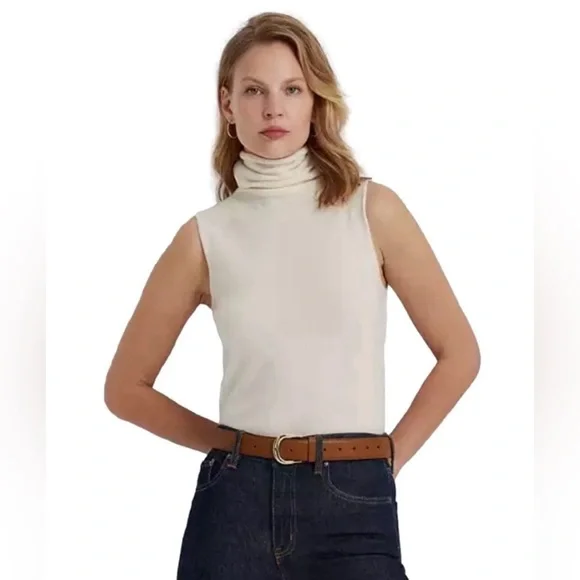 Lauren Ralph Lauren Winter Cream Sleeveless Turtleneck Cashmere Sweater NWT